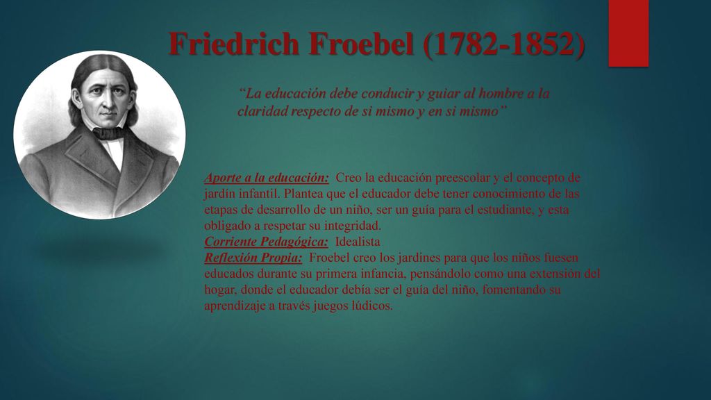 Friedrich Froebel ( ) La educación debe conducir y guiar al hombre a la claridad respecto de si mismo y en si mismo