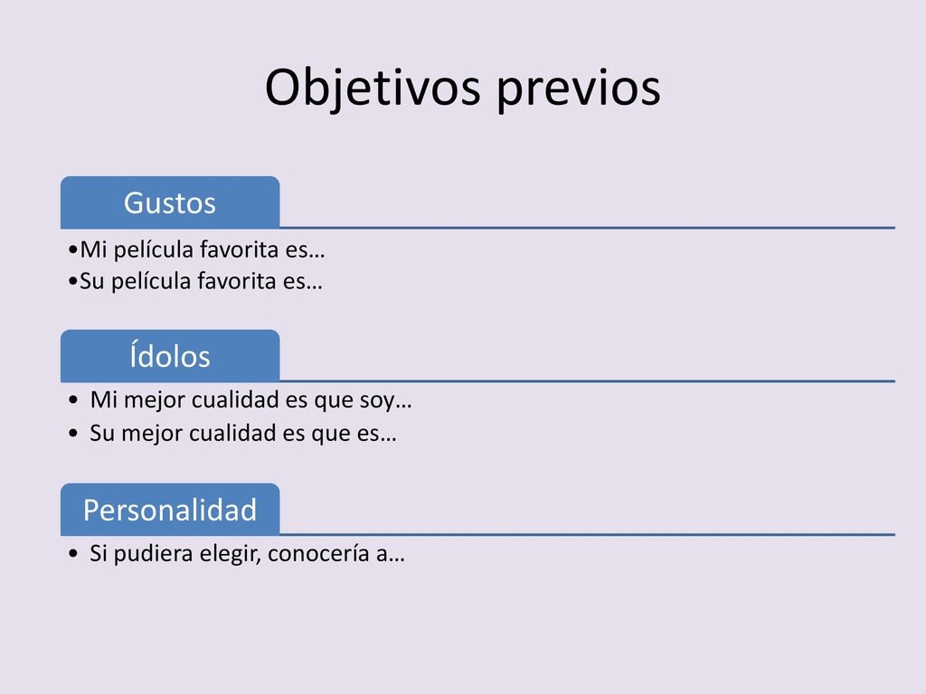 Objetivos previos Gustos Ídolos Personalidad Mi película favorita es…