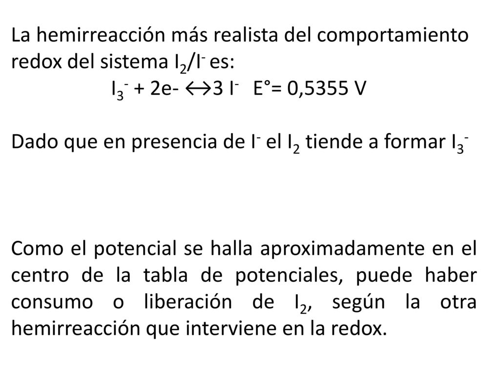 La hemirreacción más realista del comportamiento redox del sistema I2/I- es: