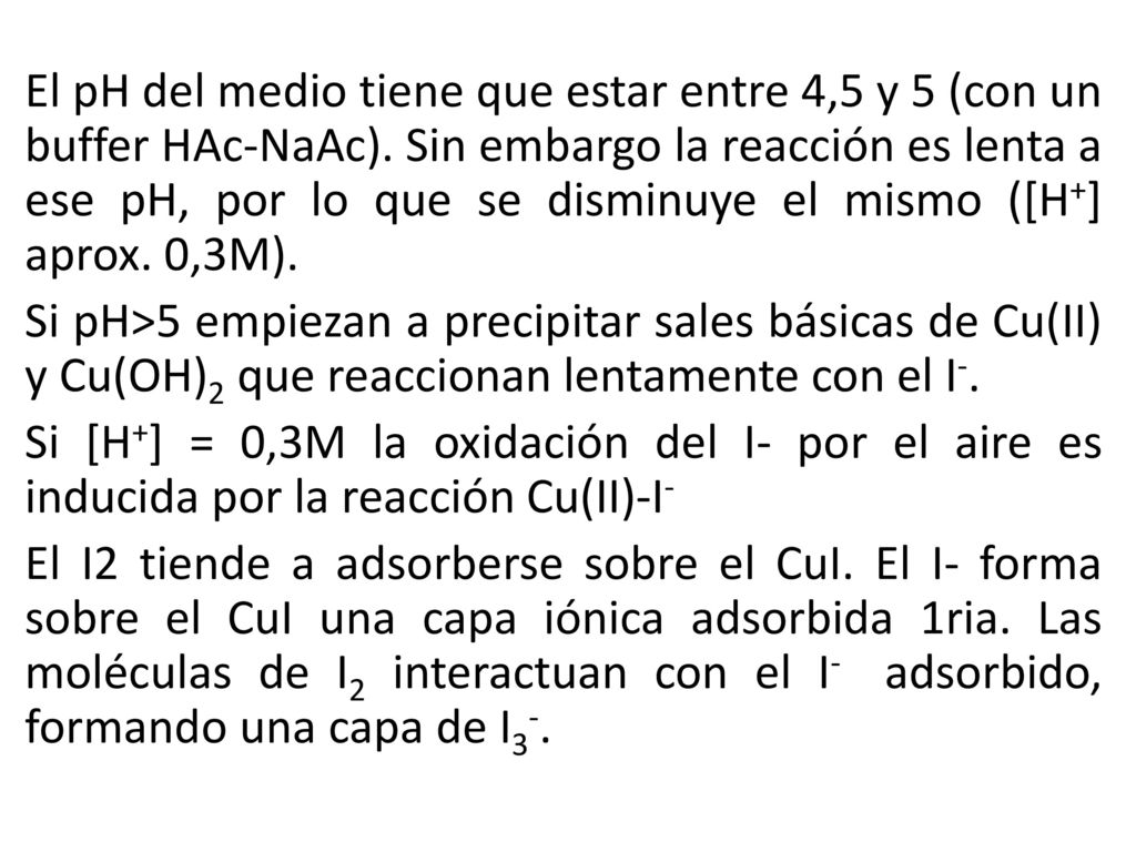 El pH del medio tiene que estar entre 4,5 y 5 (con un buffer HAc-NaAc)
