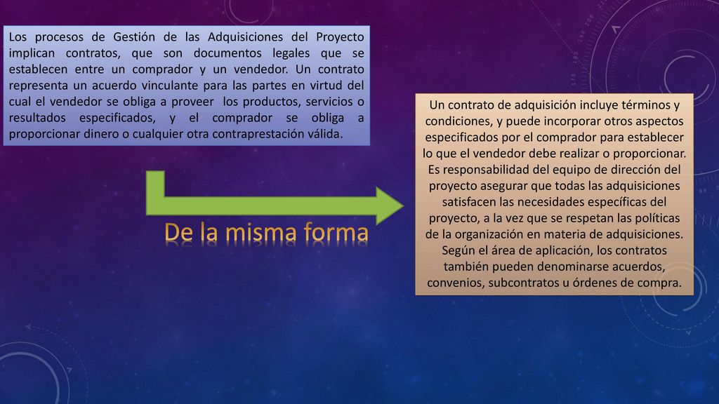 Los procesos de Gestión de las Adquisiciones del Proyecto implican contratos, que son documentos legales que se establecen entre un comprador y un vendedor. Un contrato representa un acuerdo vinculante para las partes en virtud del cual el vendedor se obliga a proveer los productos, servicios o resultados especificados, y el comprador se obliga a proporcionar dinero o cualquier otra contraprestación válida.