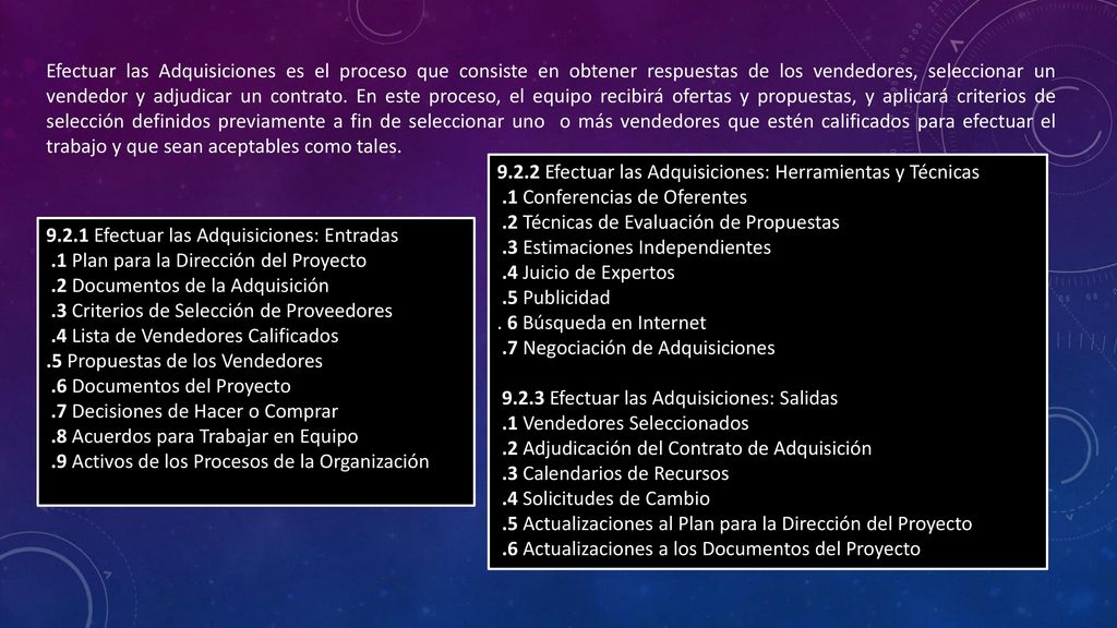 Efectuar las Adquisiciones es el proceso que consiste en obtener respuestas de los vendedores, seleccionar un vendedor y adjudicar un contrato. En este proceso, el equipo recibirá ofertas y propuestas, y aplicará criterios de selección definidos previamente a fin de seleccionar uno o más vendedores que estén calificados para efectuar el trabajo y que sean aceptables como tales.