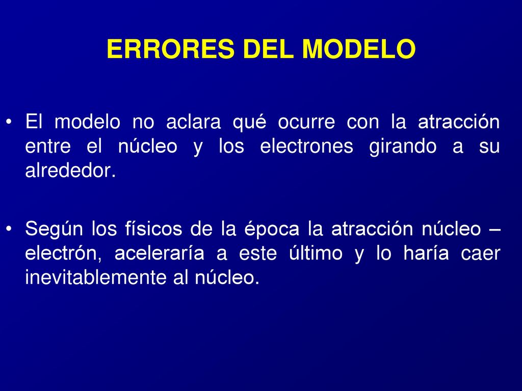 ERRORES DEL MODELO El modelo no aclara qué ocurre con la atracción entre el núcleo y los electrones girando a su alrededor.