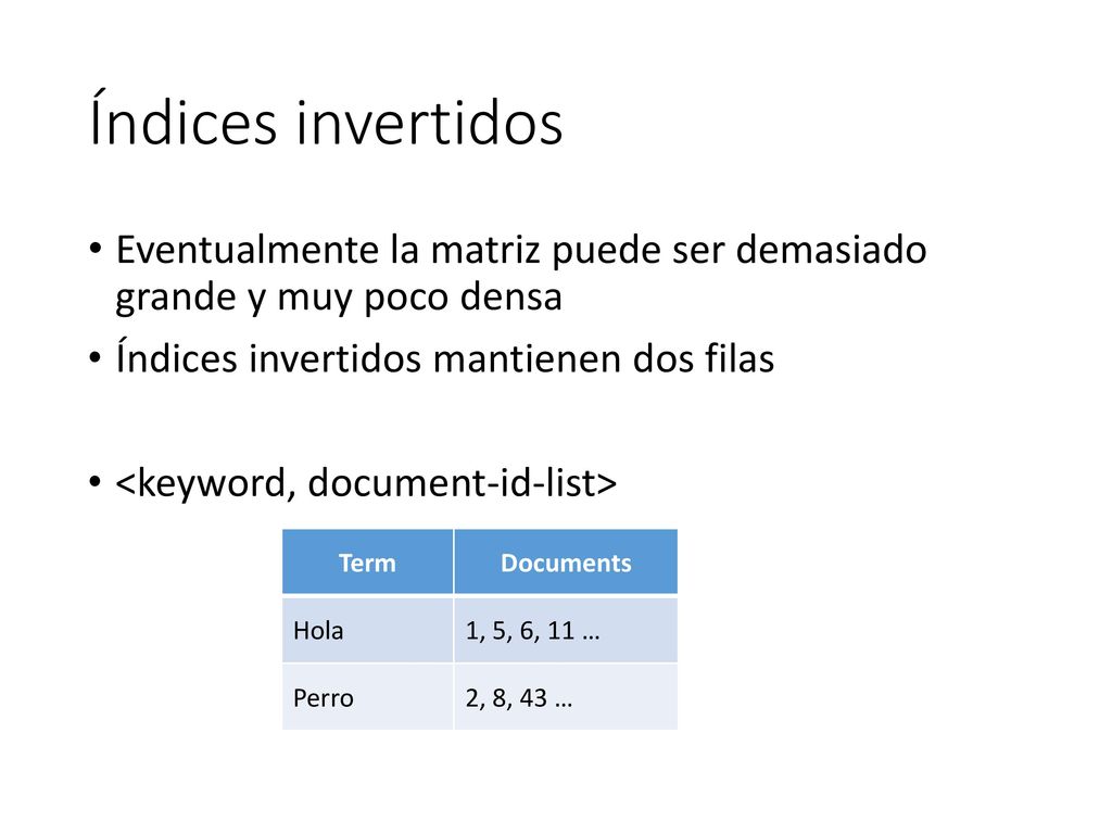 Índices invertidos Eventualmente la matriz puede ser demasiado grande y muy poco densa. Índices invertidos mantienen dos filas.