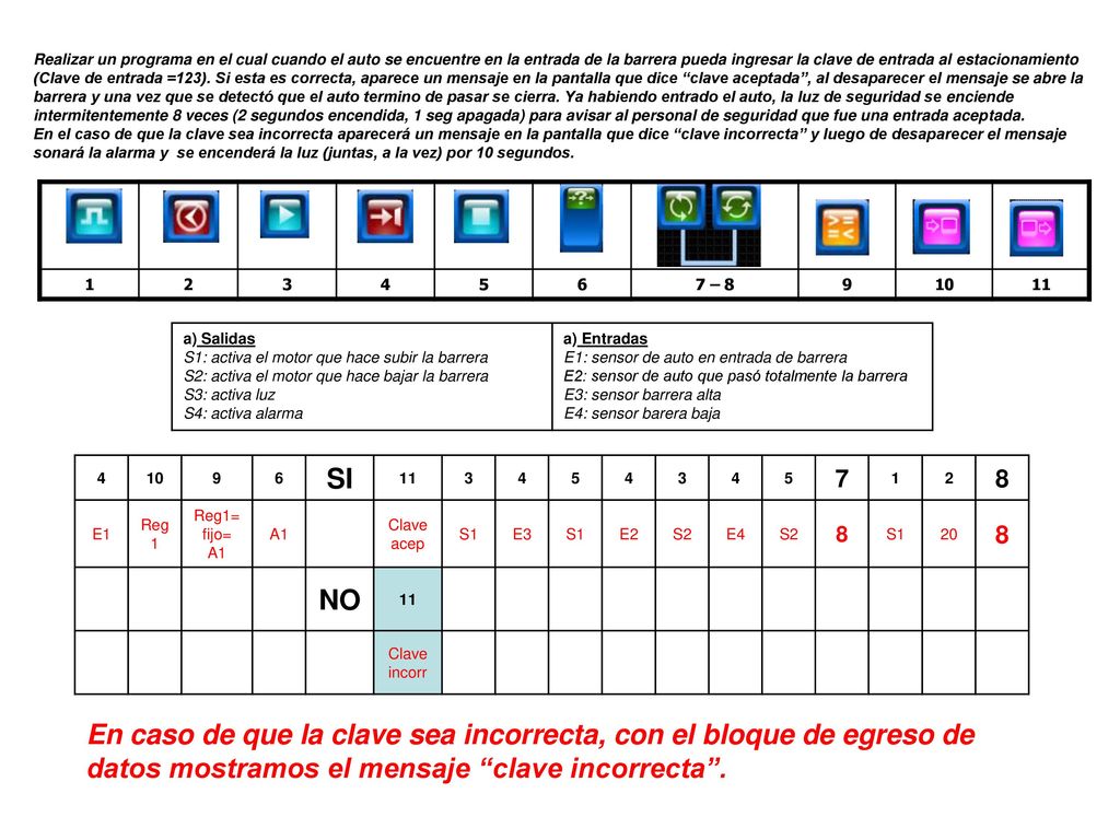Realizar un programa en el cual cuando el auto se encuentre en la entrada de la barrera pueda ingresar la clave de entrada al estacionamiento (Clave de entrada =123). Si esta es correcta, aparece un mensaje en la pantalla que dice clave aceptada , al desaparecer el mensaje se abre la barrera y una vez que se detectó que el auto termino de pasar se cierra. Ya habiendo entrado el auto, la luz de seguridad se enciende intermitentemente 8 veces (2 segundos encendida, 1 seg apagada) para avisar al personal de seguridad que fue una entrada aceptada.