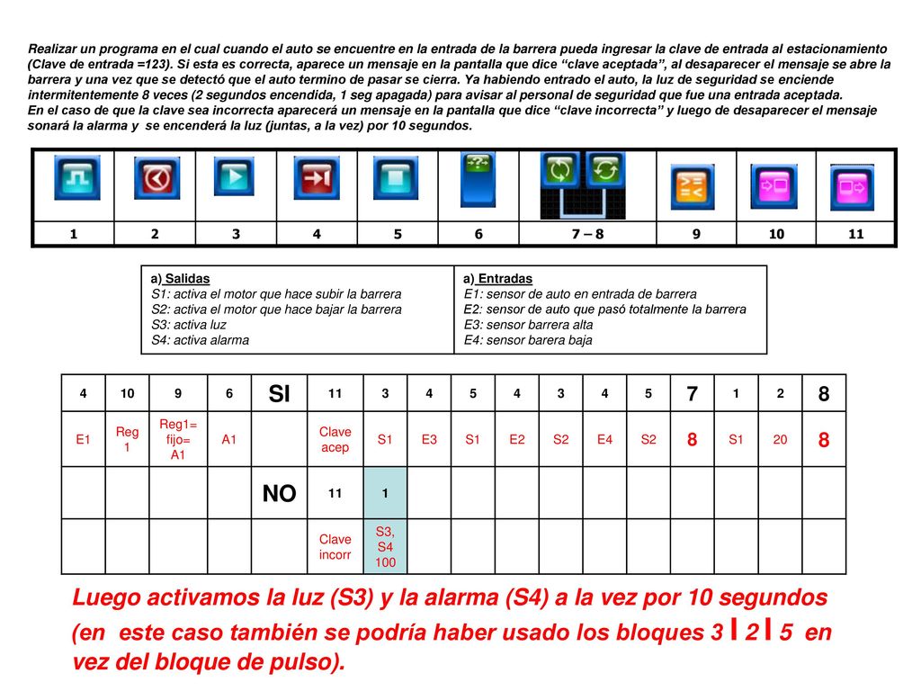 Realizar un programa en el cual cuando el auto se encuentre en la entrada de la barrera pueda ingresar la clave de entrada al estacionamiento (Clave de entrada =123). Si esta es correcta, aparece un mensaje en la pantalla que dice clave aceptada , al desaparecer el mensaje se abre la barrera y una vez que se detectó que el auto termino de pasar se cierra. Ya habiendo entrado el auto, la luz de seguridad se enciende intermitentemente 8 veces (2 segundos encendida, 1 seg apagada) para avisar al personal de seguridad que fue una entrada aceptada.
