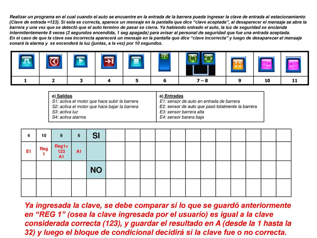 Realizar un programa en el cual cuando el auto se encuentre en la entrada de la barrera pueda ingresar la clave de entrada al estacionamiento (Clave de entrada =123). Si esta es correcta, aparece un mensaje en la pantalla que dice clave aceptada , al desaparecer el mensaje se abre la barrera y una vez que se detectó que el auto termino de pasar se cierra. Ya habiendo entrado el auto, la luz de seguridad se enciende intermitentemente 8 veces (2 segundos encendida, 1 seg apagada) para avisar al personal de seguridad que fue una entrada aceptada.
