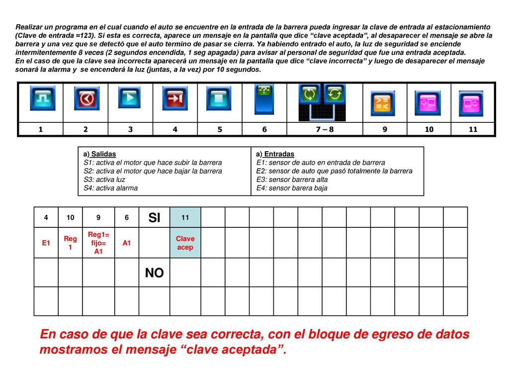 Realizar un programa en el cual cuando el auto se encuentre en la entrada de la barrera pueda ingresar la clave de entrada al estacionamiento (Clave de entrada =123). Si esta es correcta, aparece un mensaje en la pantalla que dice clave aceptada , al desaparecer el mensaje se abre la barrera y una vez que se detectó que el auto termino de pasar se cierra. Ya habiendo entrado el auto, la luz de seguridad se enciende intermitentemente 8 veces (2 segundos encendida, 1 seg apagada) para avisar al personal de seguridad que fue una entrada aceptada.