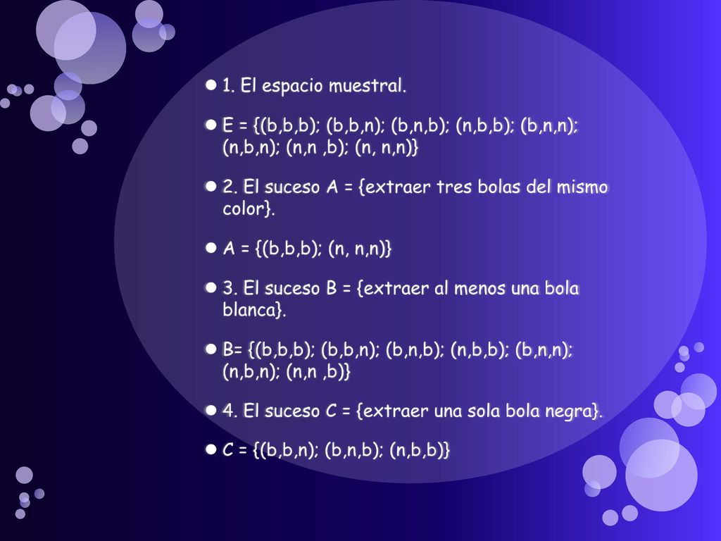 1. El espacio muestral. E = {(b,b,b); (b,b,n); (b,n,b); (n,b,b); (b,n,n); (n,b,n); (n,n ,b); (n, n,n)}