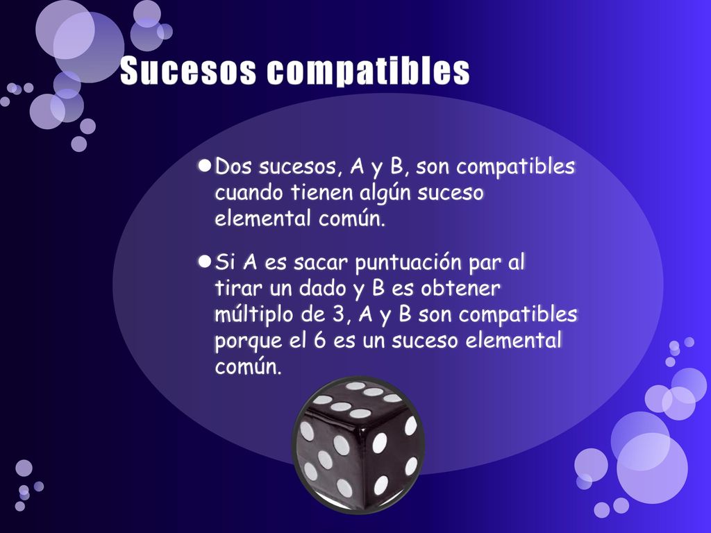 Sucesos compatibles Dos sucesos, A y B, son compatibles cuando tienen algún suceso elemental común.