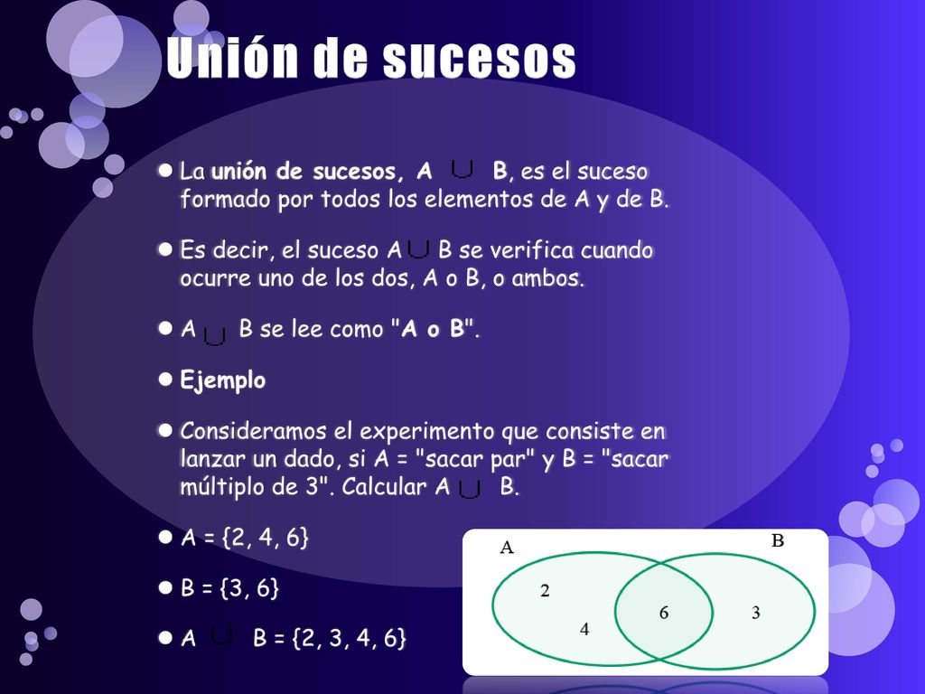 Unión de sucesos La unión de sucesos, A B, es el suceso formado por todos los elementos de A y de B.