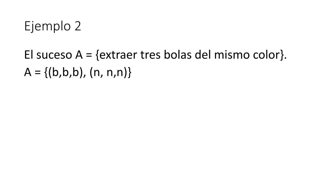 Ejemplo 2 El suceso A = {extraer tres bolas del mismo color}. A = {(b,b,b), (n, n,n)}