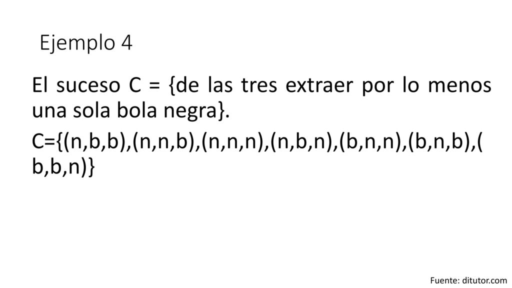 Ejemplo 4 El suceso C = {de las tres extraer por lo menos una sola bola negra}. C={(n,b,b),(n,n,b),(n,n,n),(n,b,n),(b,n,n),(b,n,b),( b,b,n)}