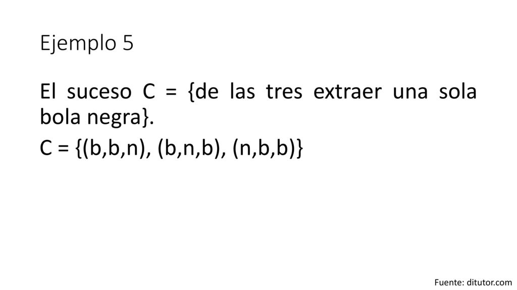 Ejemplo 5 El suceso C = {de las tres extraer una sola bola negra}. C = {(b,b,n), (b,n,b), (n,b,b)}