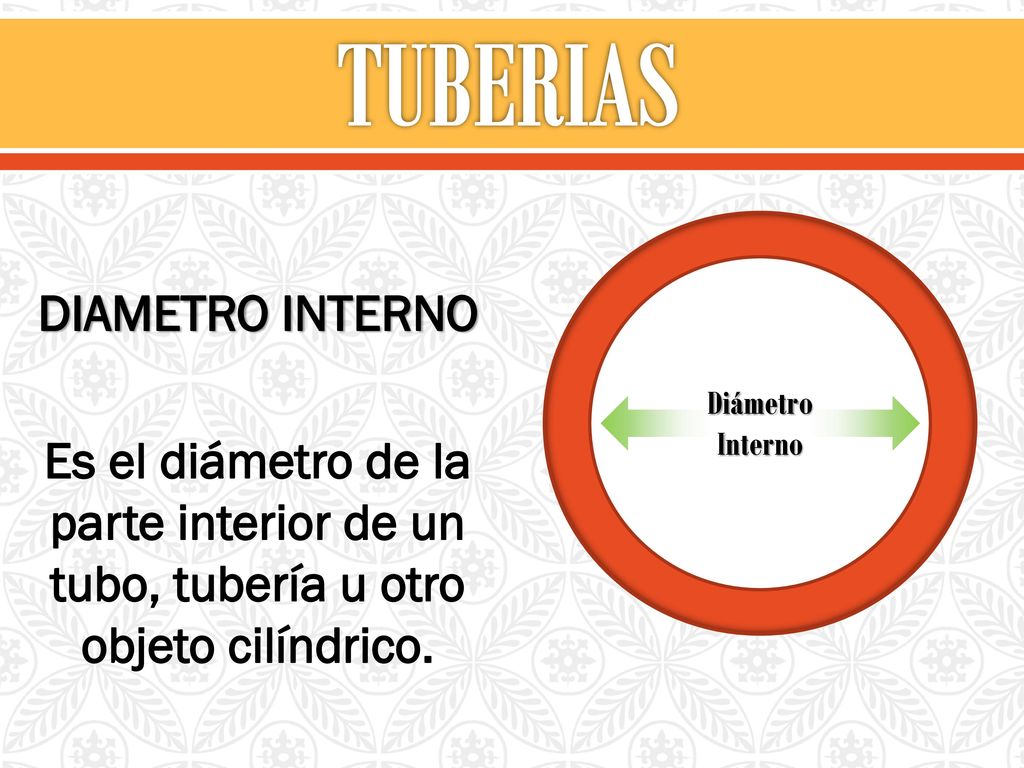TUBERIAS d. DIAMETRO INTERNO Es el diámetro de la parte interior de un tubo, tubería u otro objeto cilíndrico.