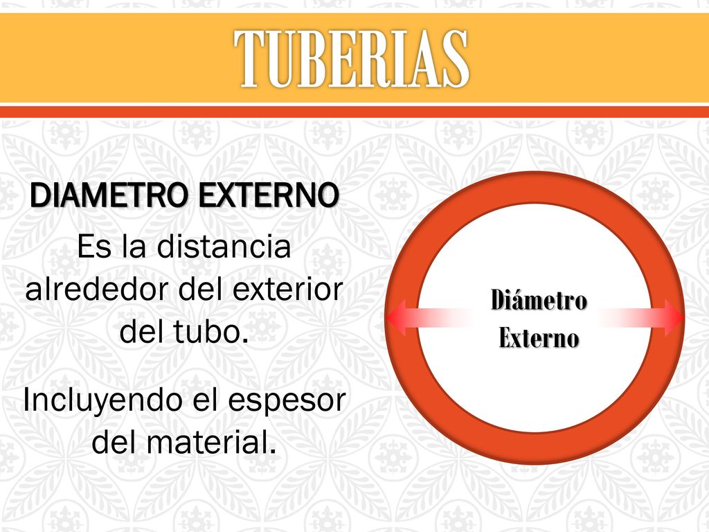 TUBERIAS DIAMETRO EXTERNO Es la distancia alrededor del exterior del tubo. Incluyendo el espesor del material.