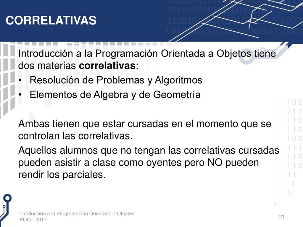 CORRELATIVAS Introducción a la Programación Orientada a Objetos tiene dos materias correlativas: Resolución de Problemas y Algoritmos.