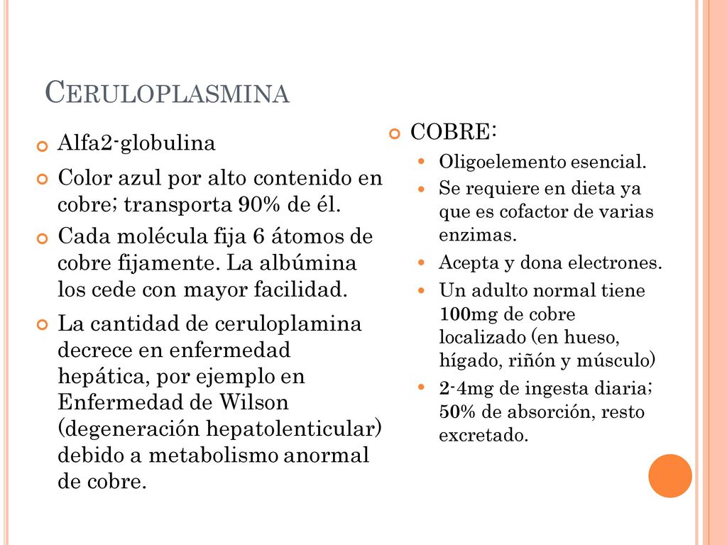 CERULOPLASMINA Alfa2-globulina COBRE: Color azul por alto contenido en