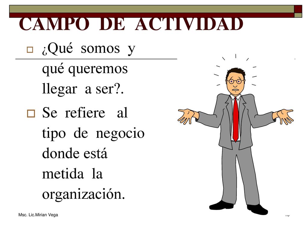 CAMPO DE ACTIVIDAD ¿Qué somos y qué queremos llegar a ser . Se refiere al tipo de negocio donde está metida la organización.