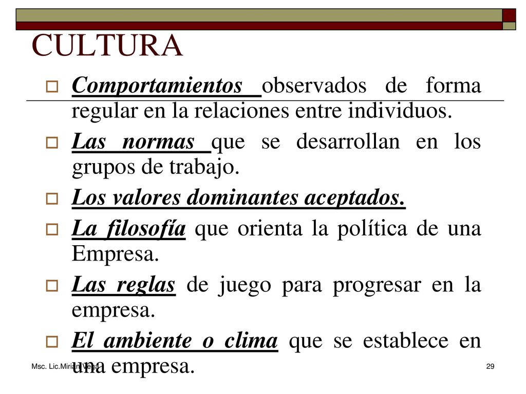 CULTURA Comportamientos observados de forma regular en la relaciones entre individuos. Las normas que se desarrollan en los grupos de trabajo.