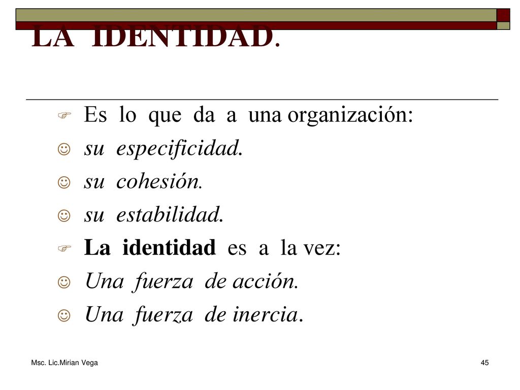 LA IDENTIDAD. Es lo que da a una organización: su especificidad.