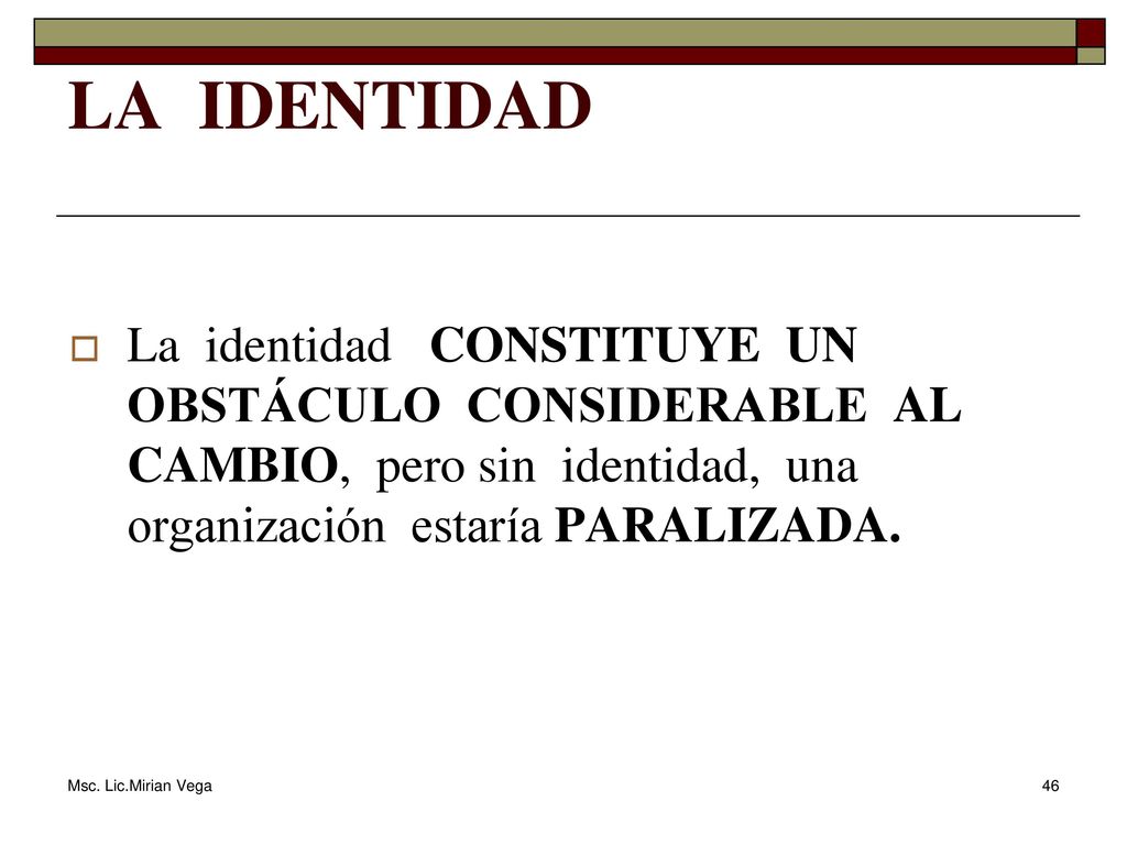 LA IDENTIDAD La identidad CONSTITUYE UN OBSTÁCULO CONSIDERABLE AL CAMBIO, pero sin identidad, una organización estaría PARALIZADA.