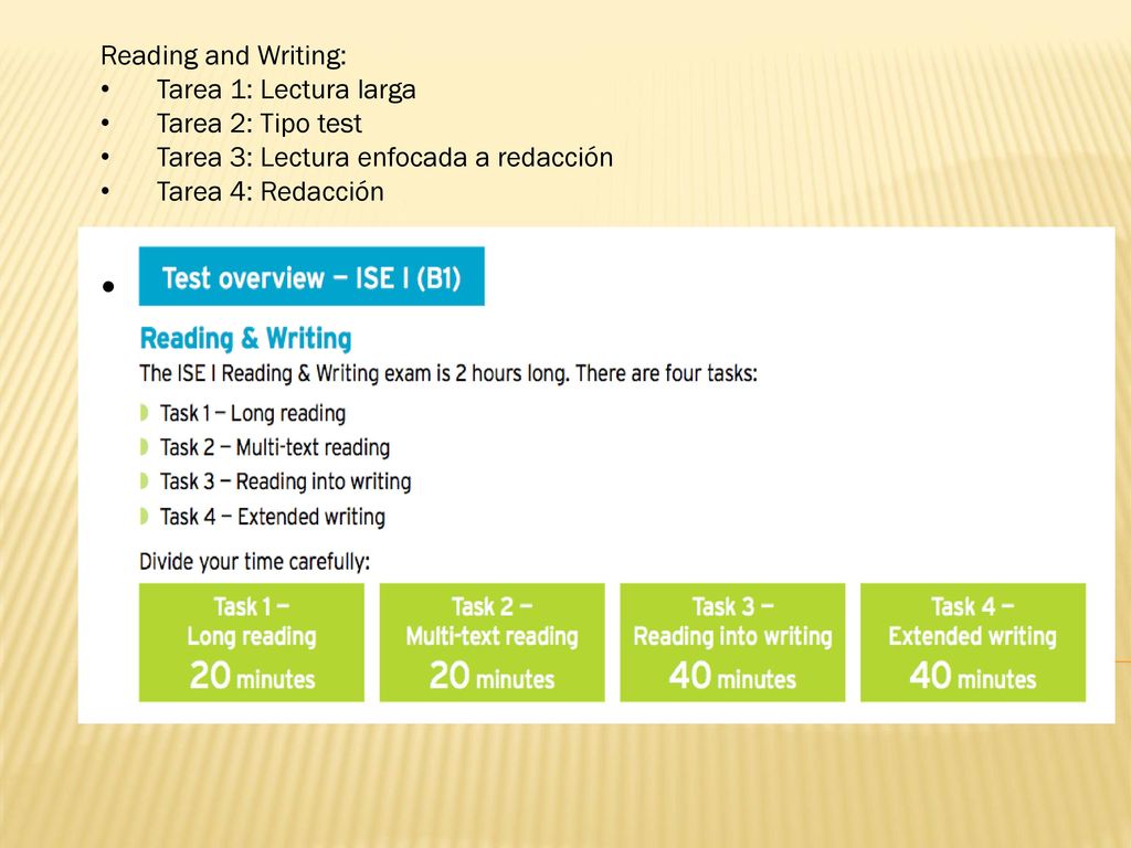 Reading and Writing: Tarea 1: Lectura larga. Tarea 2: Tipo test. Tarea 3: Lectura enfocada a redacción.