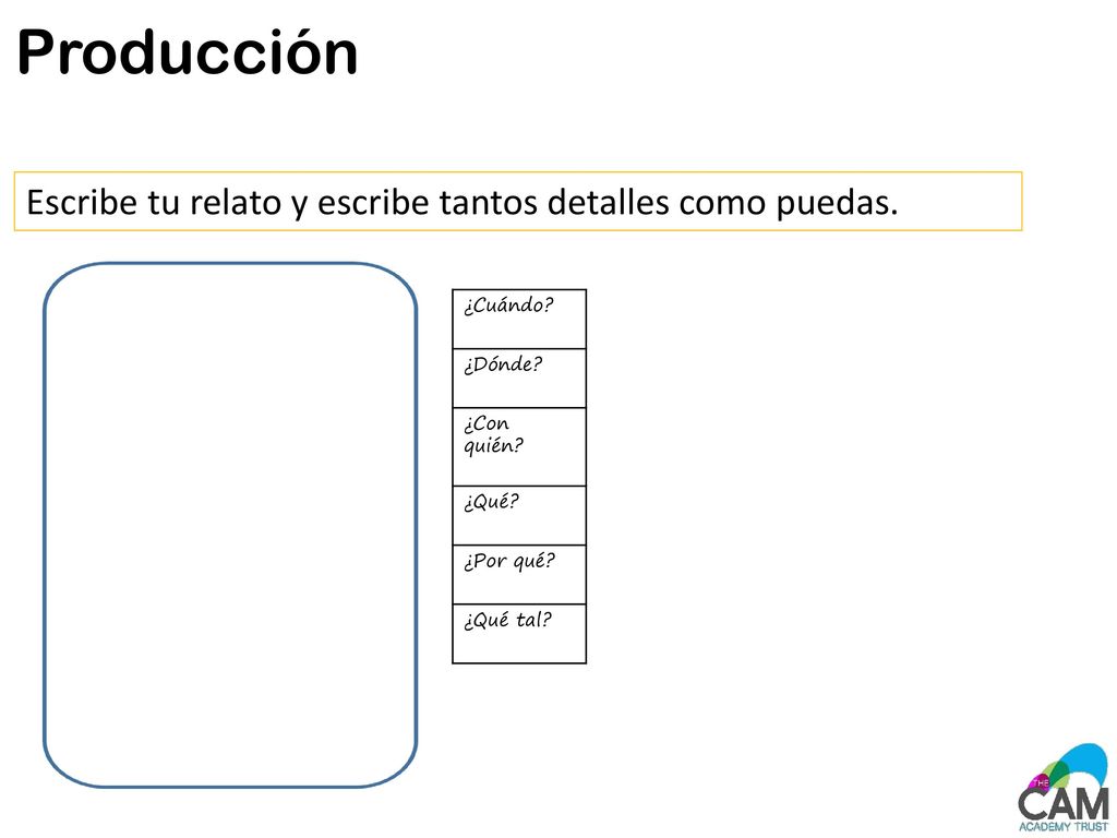 Producción Escribe tu relato y escribe tantos detalles como puedas.