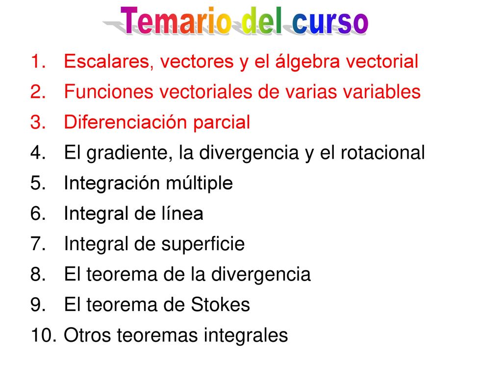 Temario del curso Escalares, vectores y el álgebra vectorial