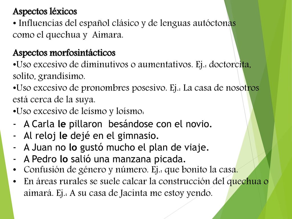 Aspectos léxicos Influencias del español clásico y de lenguas autóctonas como el quechua y Aimara.