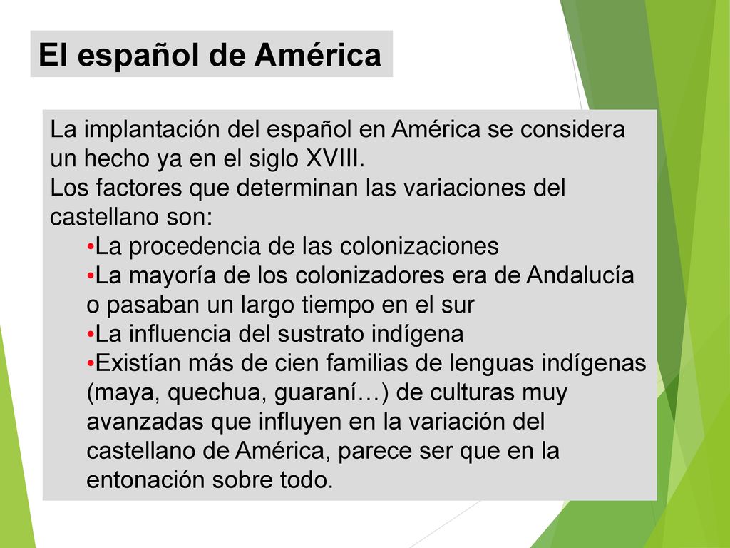 El español de América La implantación del español en América se considera un hecho ya en el siglo XVIII.