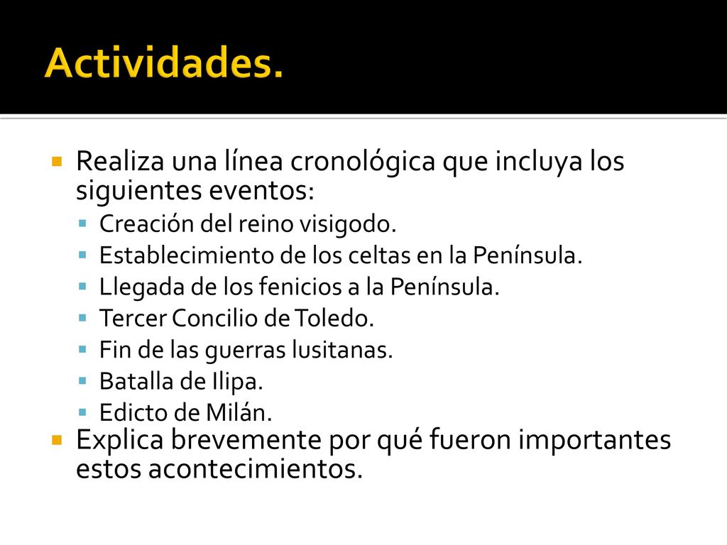 Actividades. Realiza una línea cronológica que incluya los siguientes eventos: Creación del reino visigodo.