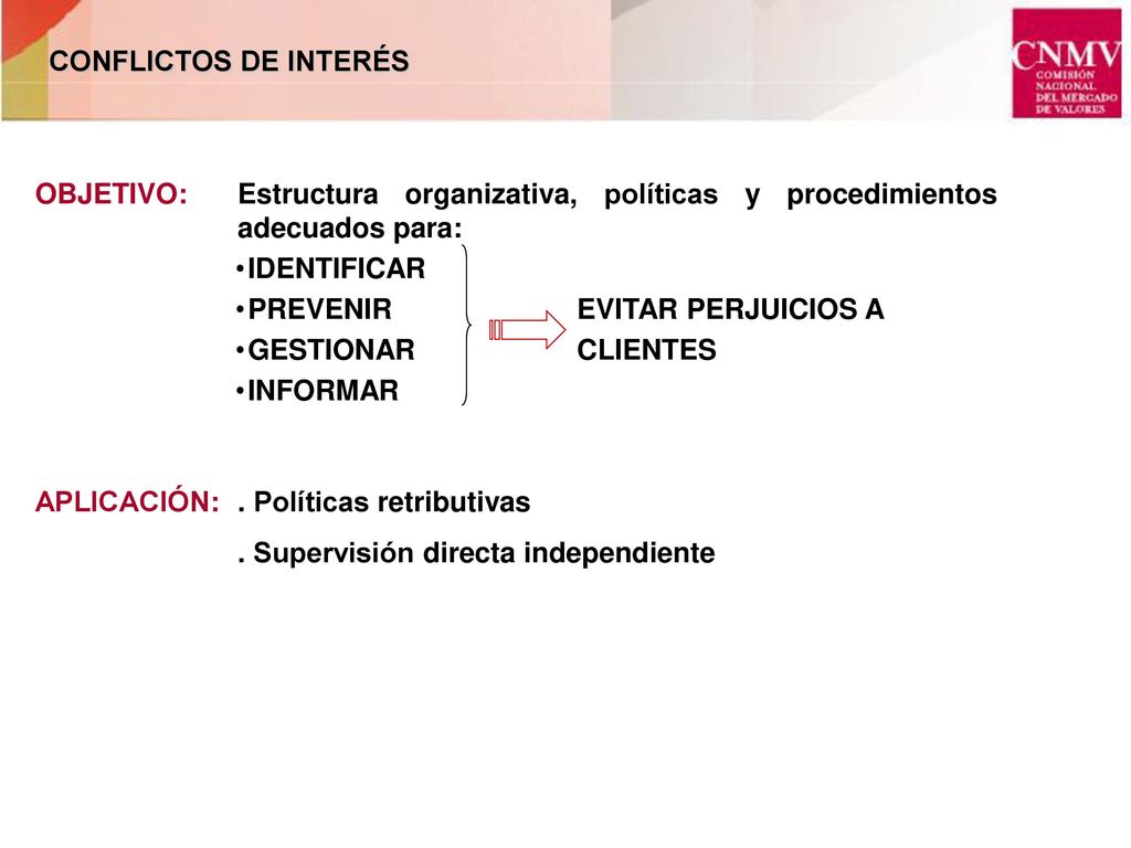 CONFLICTOS DE INTERÉS OBJETIVO: Estructura organizativa, políticas y procedimientos adecuados para: