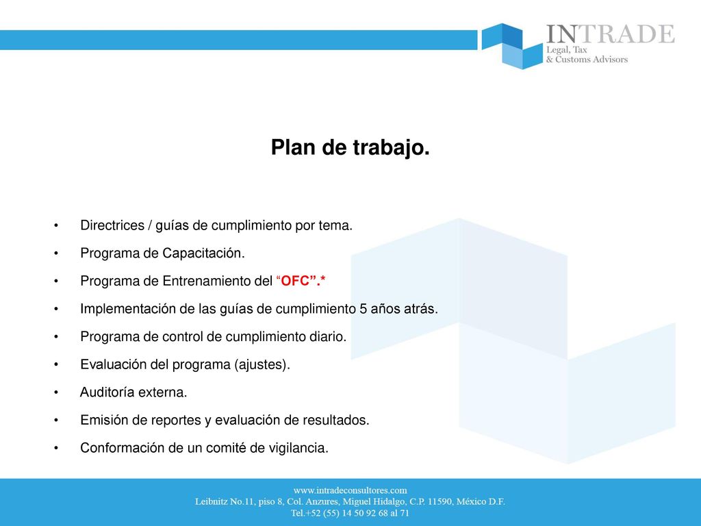 Plan de trabajo. Directrices / guías de cumplimiento por tema.