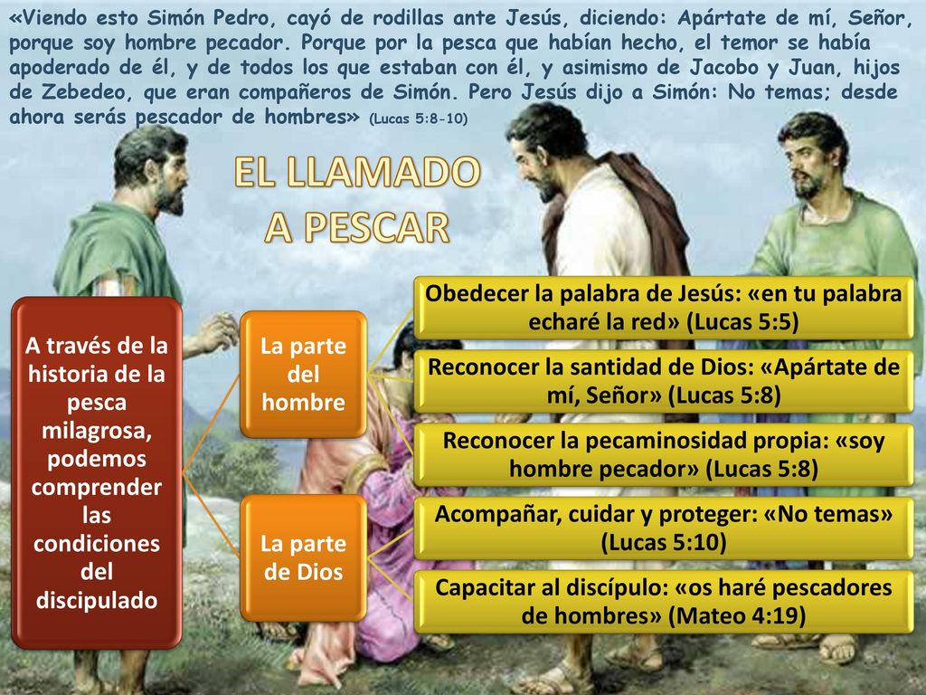 «Viendo esto Simón Pedro, cayó de rodillas ante Jesús, diciendo: Apártate de mí, Señor, porque soy hombre pecador. Porque por la pesca que habían hecho, el temor se había apoderado de él, y de todos los que estaban con él, y asimismo de Jacobo y Juan, hijos de Zebedeo, que eran compañeros de Simón. Pero Jesús dijo a Simón: No temas; desde ahora serás pescador de hombres» (Lucas 5:8-10)