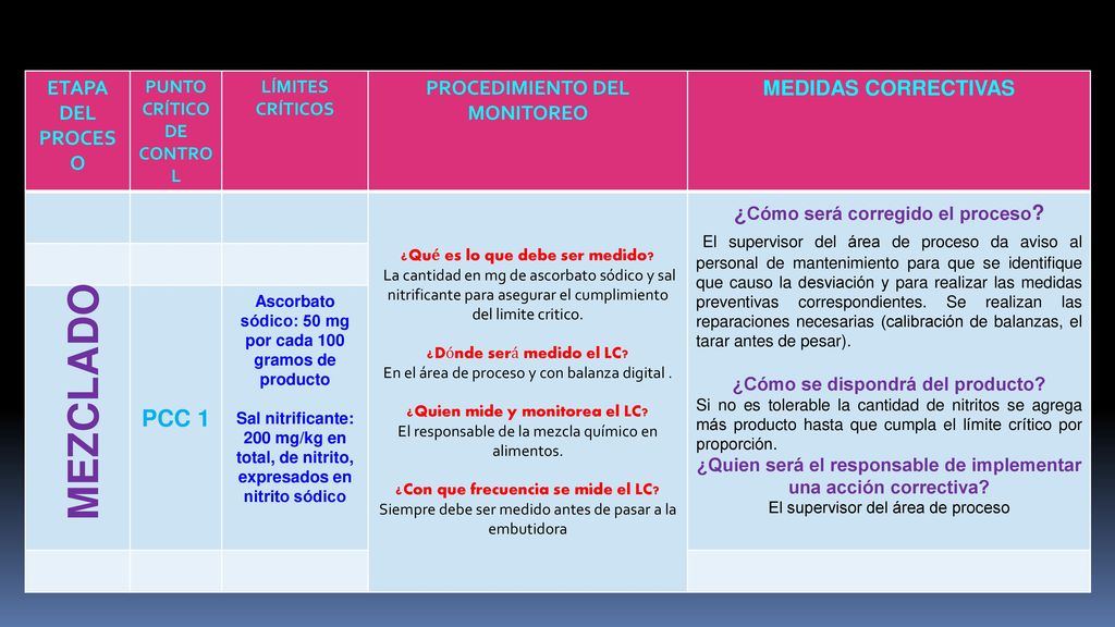 ETAPA DEL PROCESO PUNTO CRÍTICO DE CONTROL. LÍMITES CRÍTICOS. PROCEDIMIENTO DEL MONITOREO. MEDIDAS CORRECTIVAS.