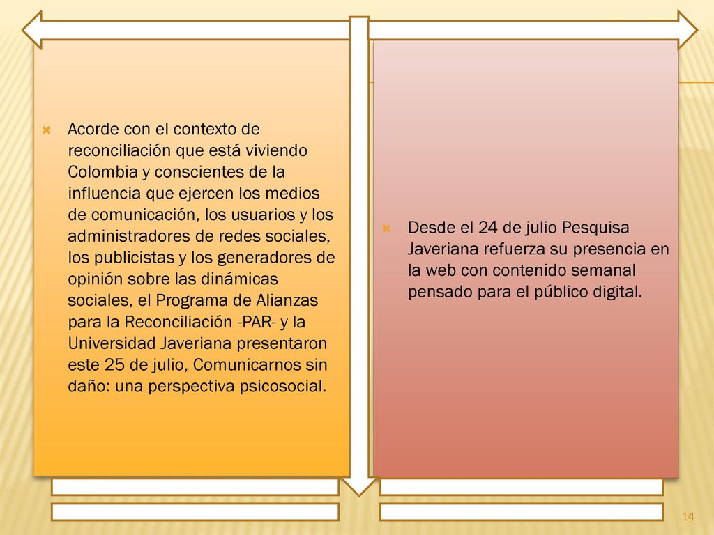 Acorde con el contexto de reconciliación que está viviendo Colombia y conscientes de la influencia que ejercen los medios de comunicación, los usuarios y los administradores de redes sociales, los publicistas y los generadores de opinión sobre las dinámicas sociales, el Programa de Alianzas para la Reconciliación -PAR- y la Universidad Javeriana presentaron este 25 de julio, Comunicarnos sin daño: una perspectiva psicosocial.