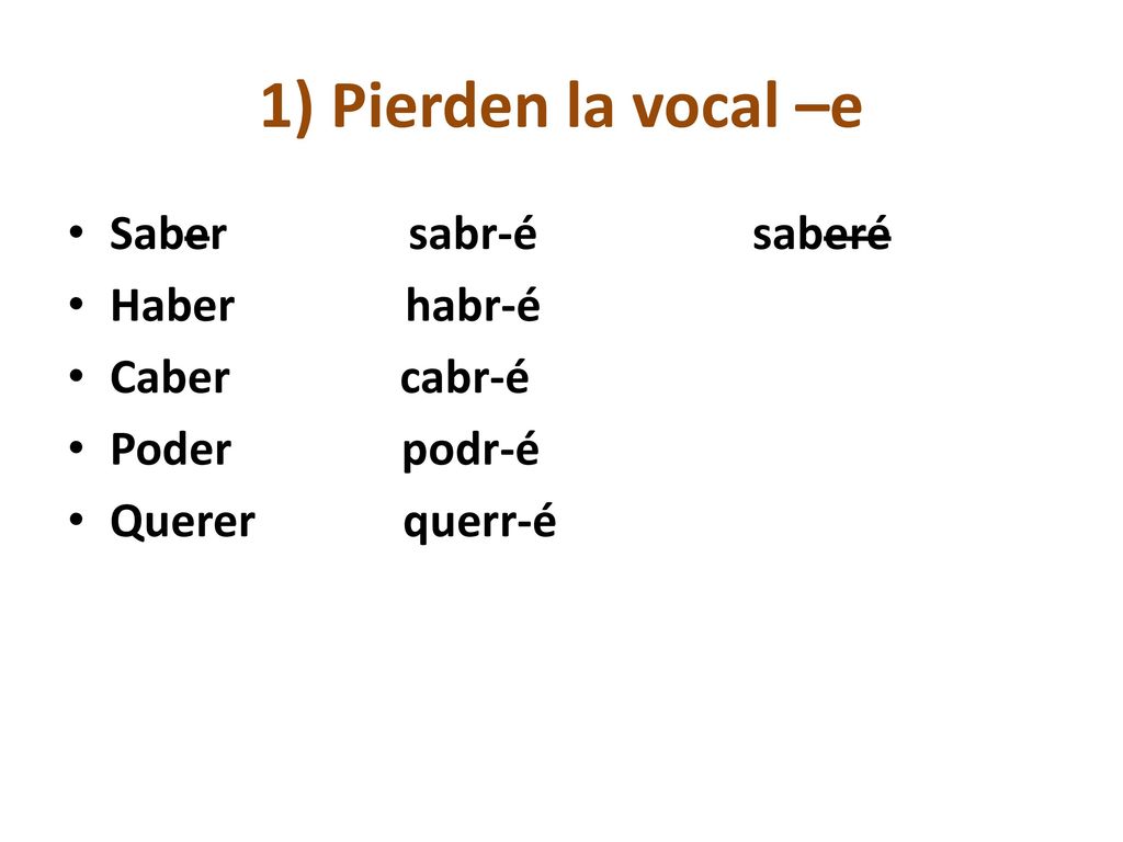 1) Pierden la vocal –e Saber sabr-é saberé Haber habr-é Caber cabr-é