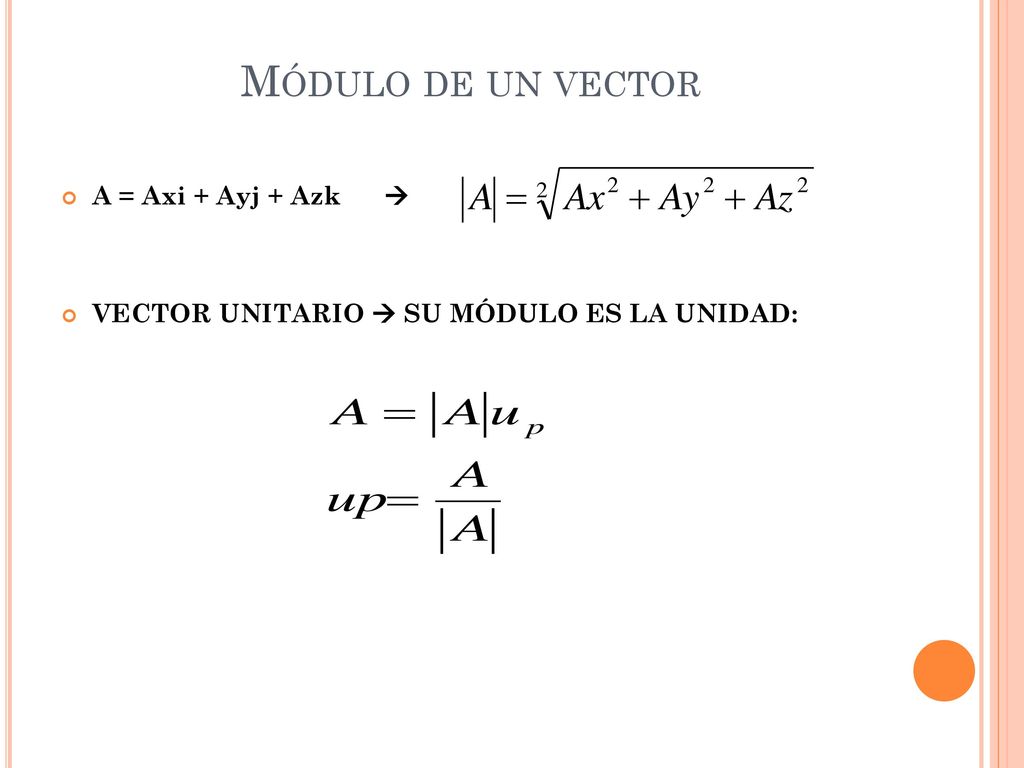 Módulo de un vector A = Axi + Ayj + Azk 