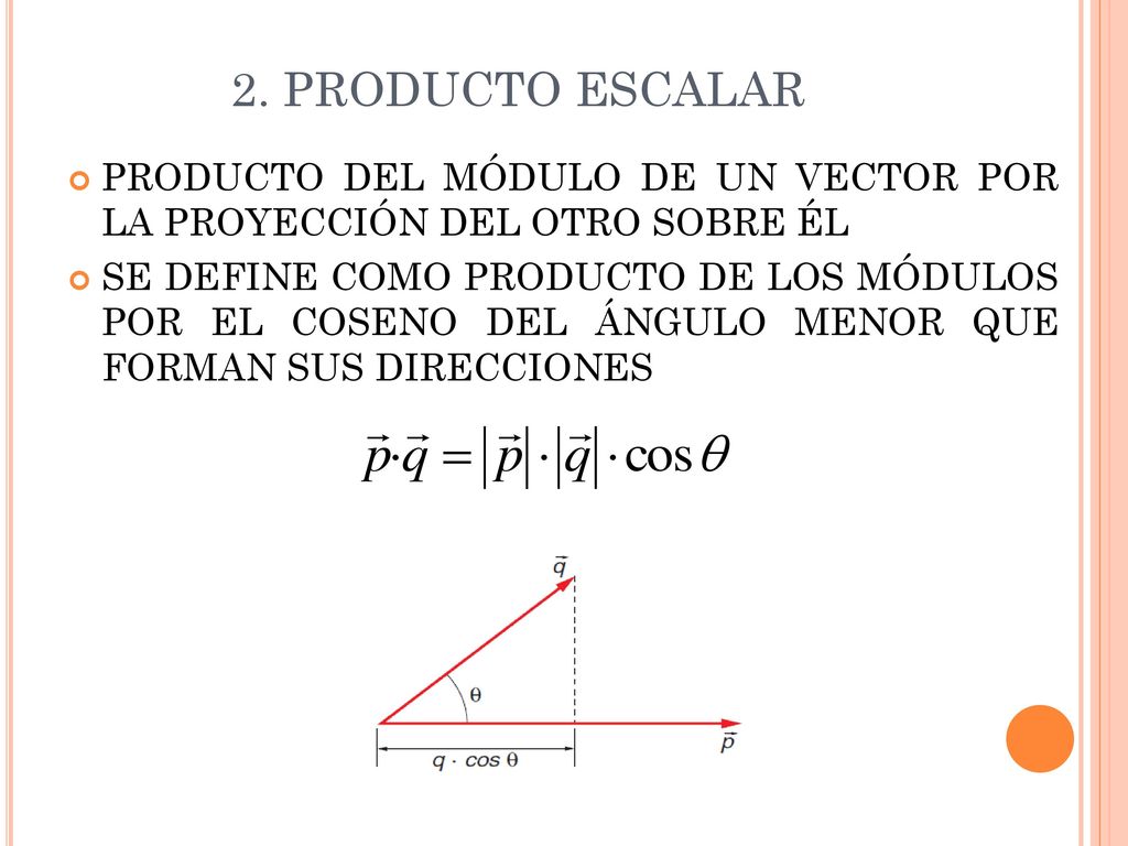 2. PRODUCTO ESCALAR PRODUCTO DEL MÓDULO DE UN VECTOR POR LA PROYECCIÓN DEL OTRO SOBRE ÉL.