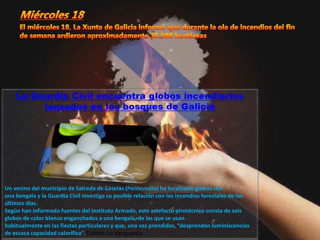 Miércoles 18 El miércoles 18, La Xunta de Galicia informó que durante la ola de incendios del fin de semana ardieron aproximadamente hectáreas.