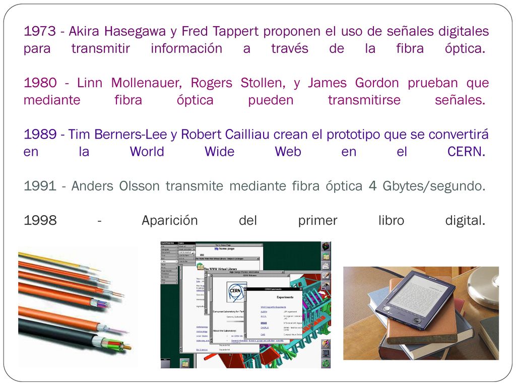 Akira Hasegawa y Fred Tappert proponen el uso de señales digitales para transmitir información a través de la fibra óptica Linn Mollenauer, Rogers Stollen, y James Gordon prueban que mediante fibra óptica pueden transmitirse señales Tim Berners-Lee y Robert Cailliau crean el prototipo que se convertirá en la World Wide Web en el CERN Anders Olsson transmite mediante fibra óptica 4 Gbytes/segundo Aparición del primer libro digital.