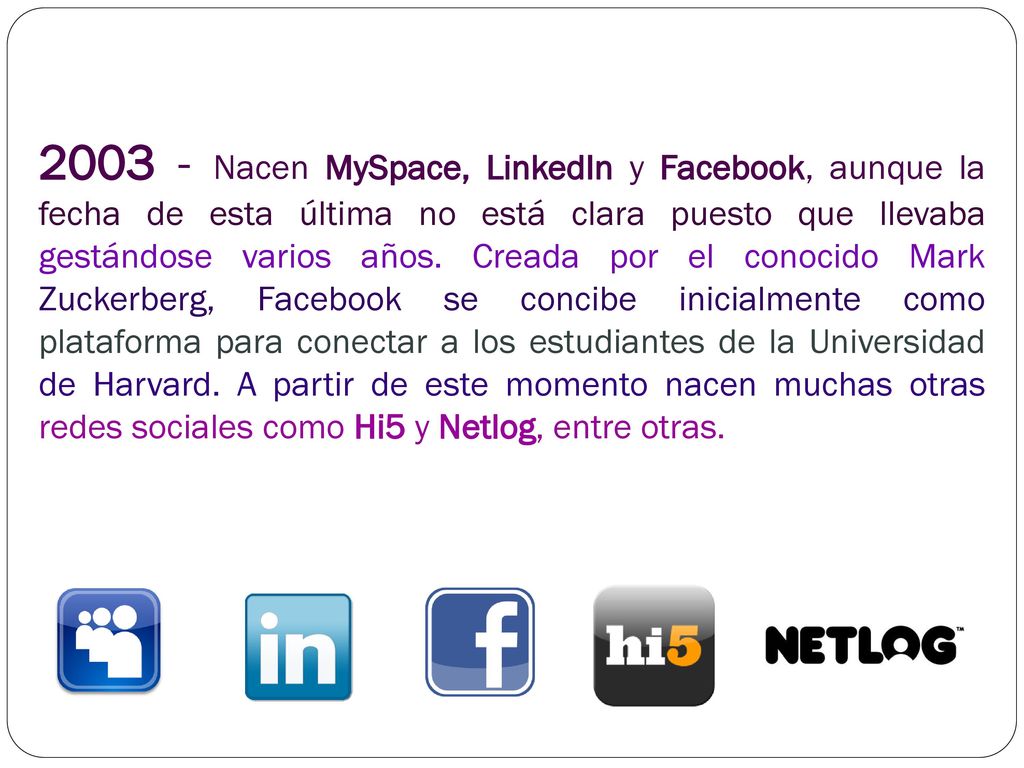 Nacen MySpace, LinkedIn y Facebook, aunque la fecha de esta última no está clara puesto que llevaba gestándose varios años.