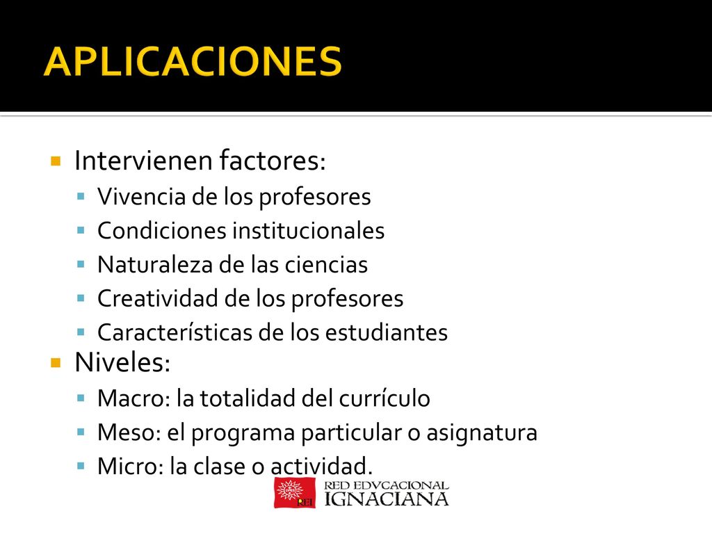 APLICACIONES Intervienen factores: Niveles: Vivencia de los profesores