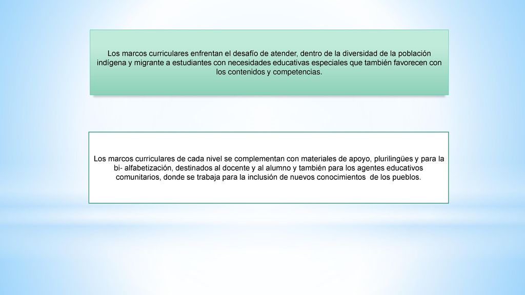 Los marcos curriculares enfrentan el desafío de atender, dentro de la diversidad de la población indígena y migrante a estudiantes con necesidades educativas especiales que también favorecen con los contenidos y competencias.