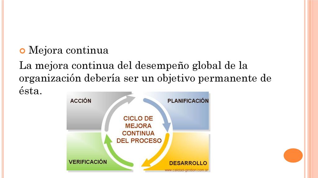Mejora continua La mejora continua del desempeño global de la organización debería ser un objetivo permanente de ésta.