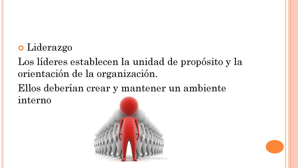 Liderazgo Los líderes establecen la unidad de propósito y la orientación de la organización.