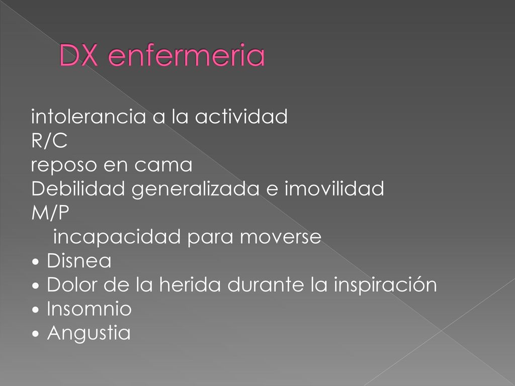 DX enfermeria intolerancia a la actividad R/C reposo en cama