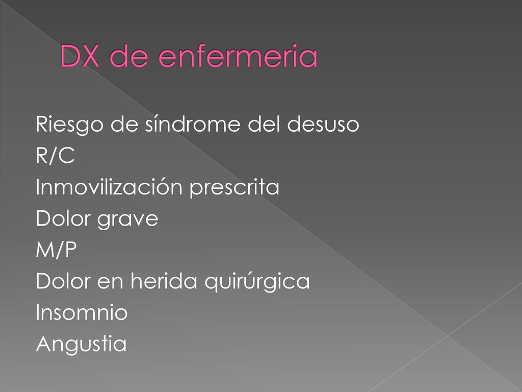 DX de enfermeria Riesgo de síndrome del desuso R/C Inmovilización prescrita Dolor grave M/P Dolor en herida quirúrgica Insomnio Angustia