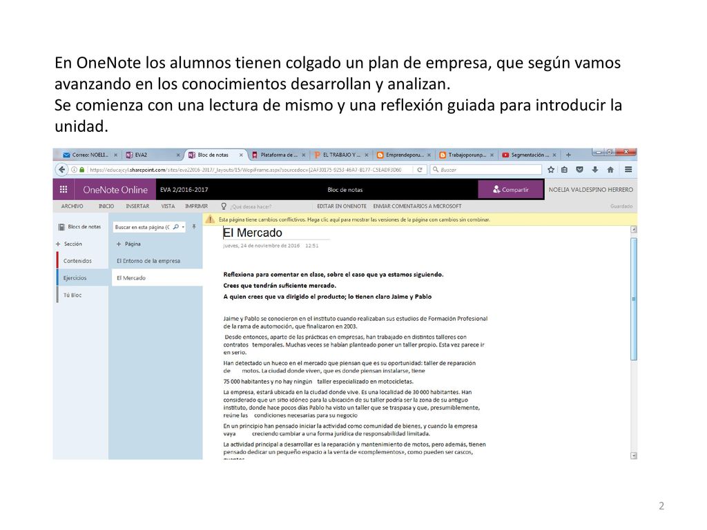 En OneNote los alumnos tienen colgado un plan de empresa, que según vamos avanzando en los conocimientos desarrollan y analizan.